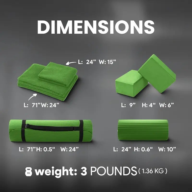 BalanceFrom 7-Piece Yoga Set – Mat, Blocks, Towels, Strap, Knee Pad – PVC, 71 × 24 in Mat – Green