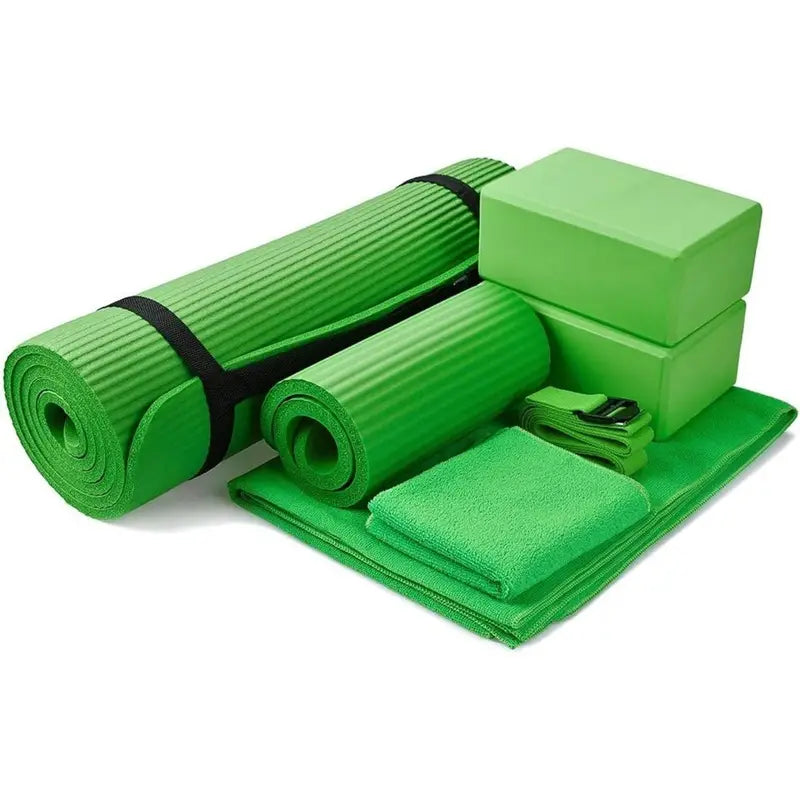 BalanceFrom 7-Piece Yoga Set – Mat, Blocks, Towels, Strap, Knee Pad – PVC, 71 × 24 in Mat – Green