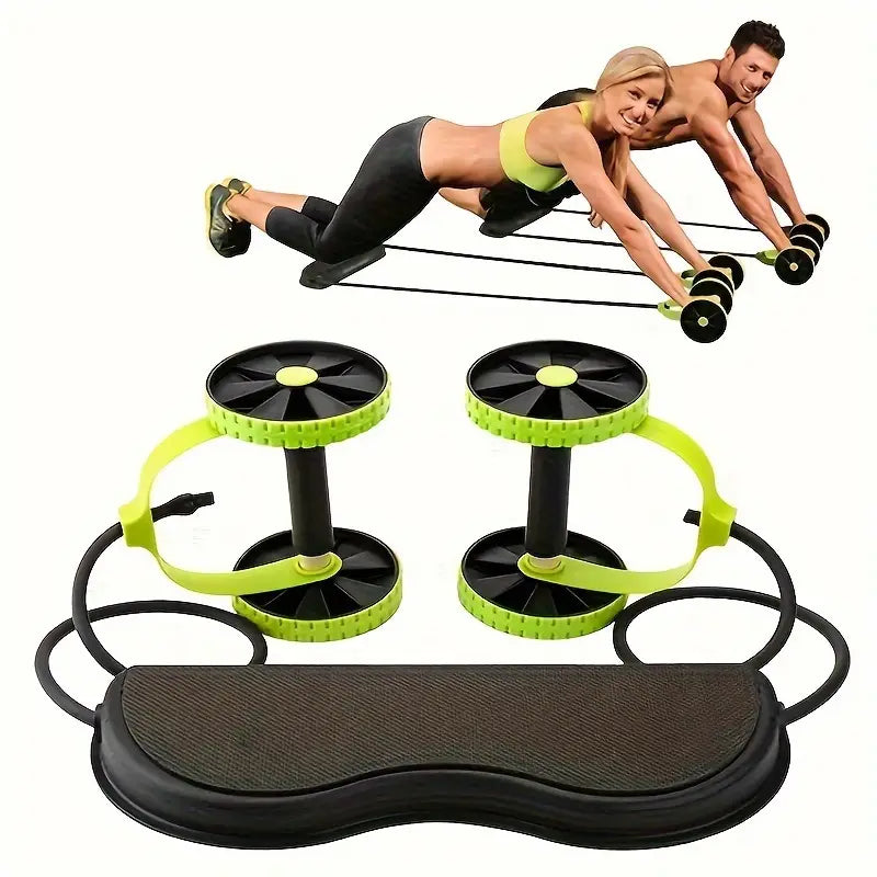 Ab Roller with Kneeling Pad and Tension Rope – 40 × 18 cm, PP/ABS/TPR – Green, Pink